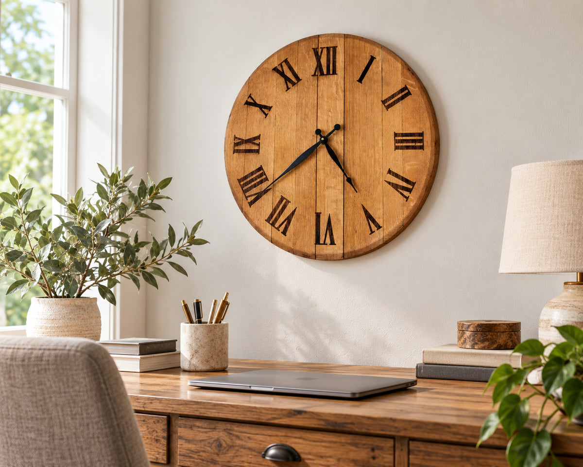 Barrel head wall clock displayed above a home-office desk