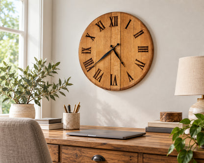 Barrel head wall clock displayed above a home-office desk