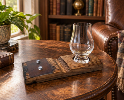 Reclaimed barrel-stave Glencairn glass holder on a side table beside a reading chair.