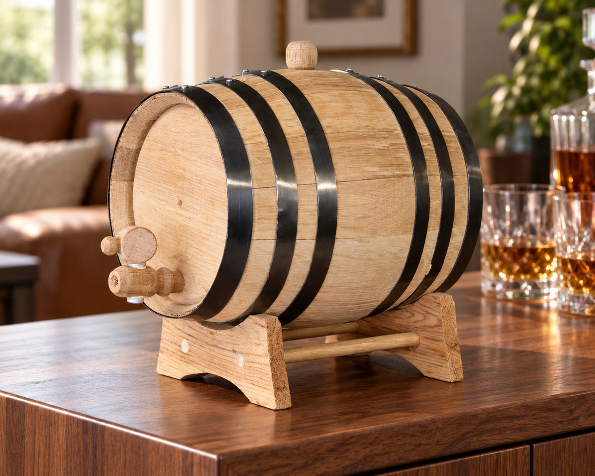 Mini oak aging barrel on its stand in a sunny home bar.