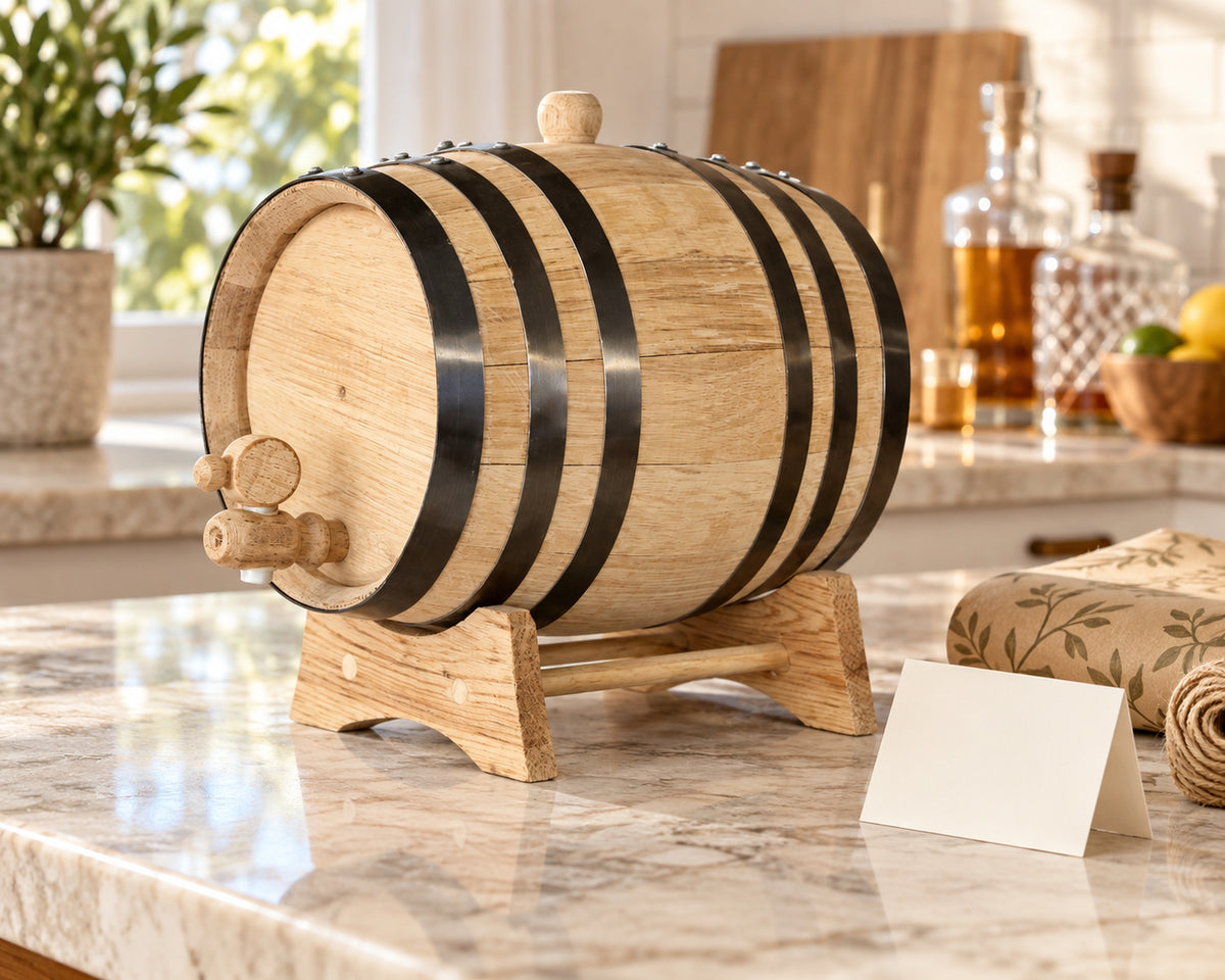 Mini oak aging barrel beside a gift card on a kitchen counter.
