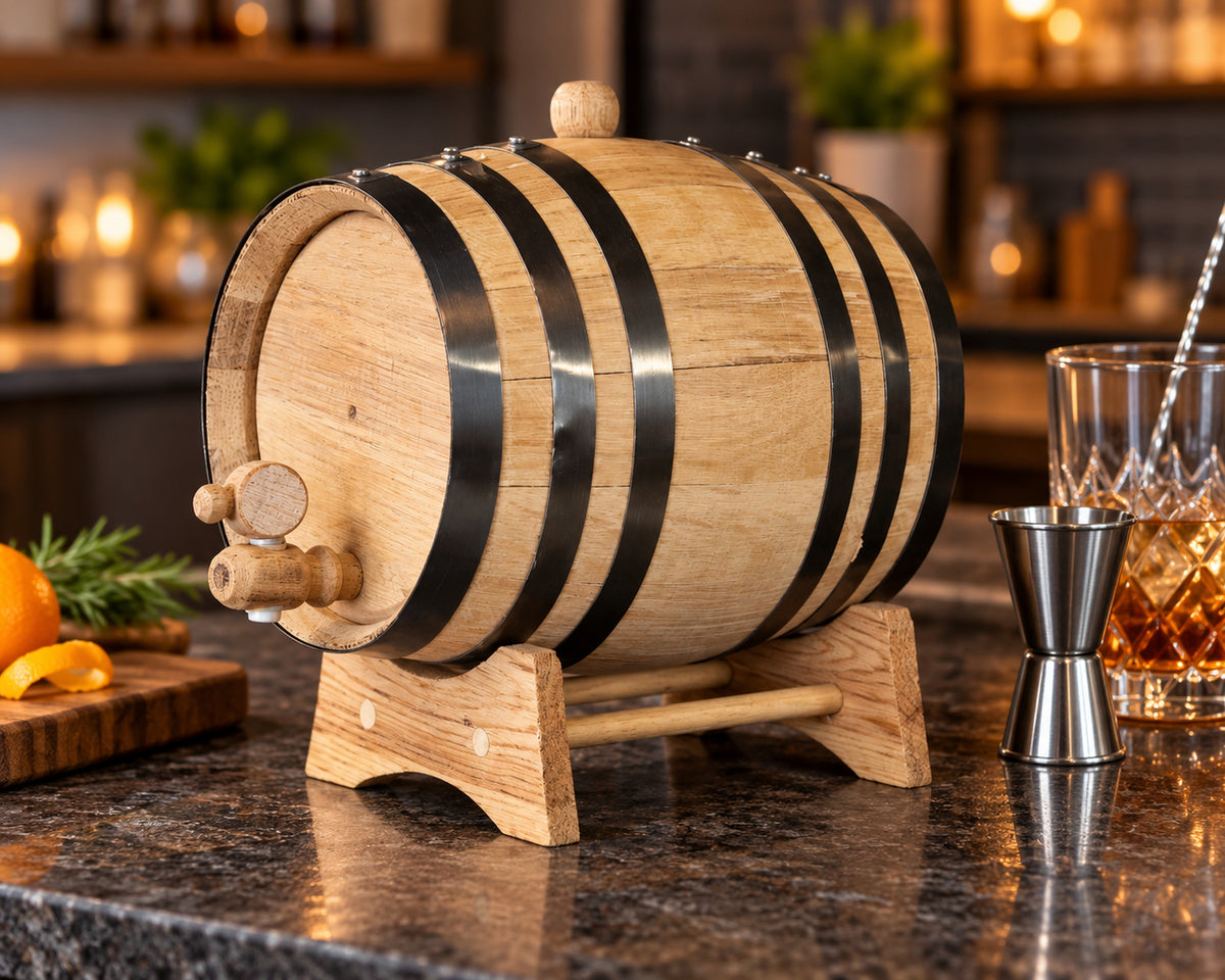 Mini oak aging barrel staged on a bar counter.