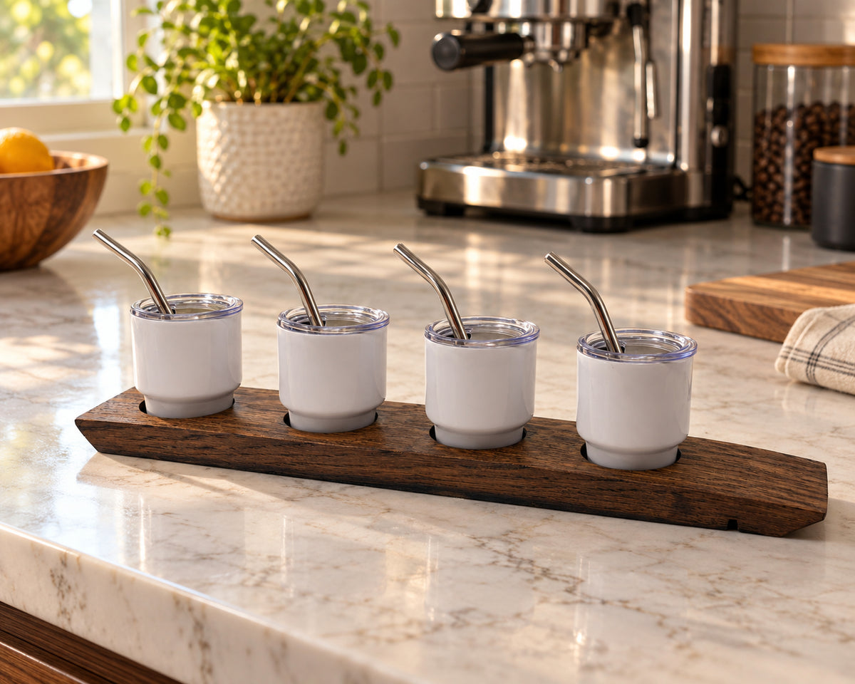 Mini Tumbler Flight – 3 or 4 Glass Barrel Stave Tasting Board in kitchen coffee sampler.