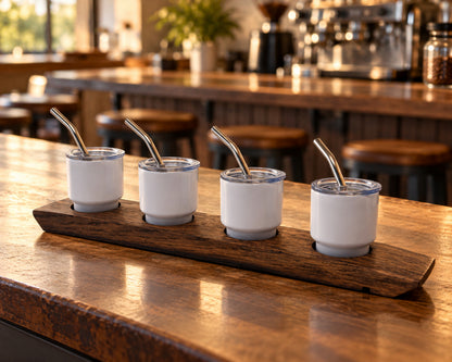 Mini Tumbler Flight – 3 or 4 Glass Barrel Stave Tasting Board in cafe tasting counter.