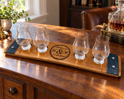Personalized 4-Glass Whiskey Flight in home whiskey room.