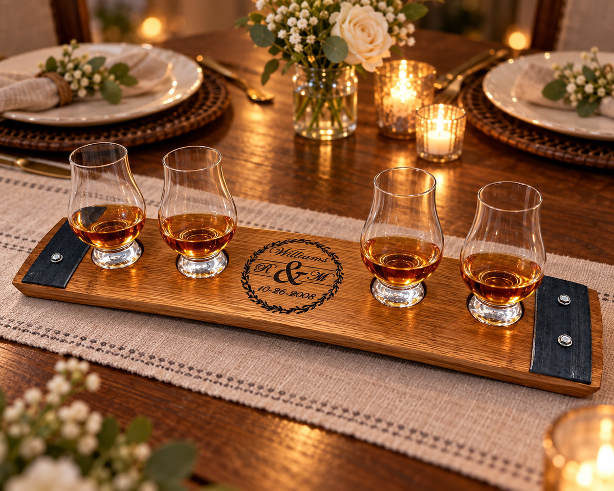 Personalized 4-Glass Whiskey Flight in anniversary tasting evening.