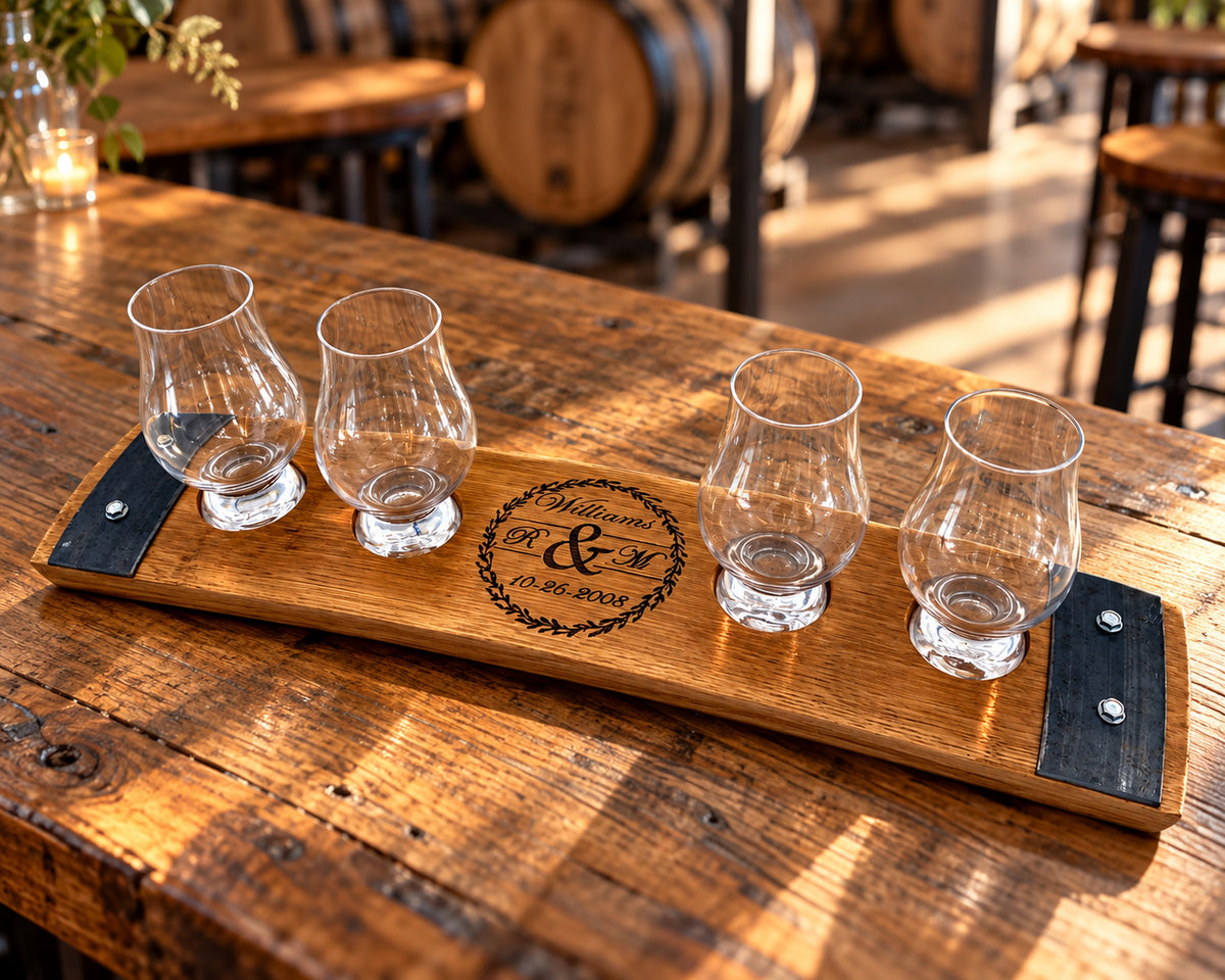Personalized 4-Glass Whiskey Flight in bourbon club tasting table.