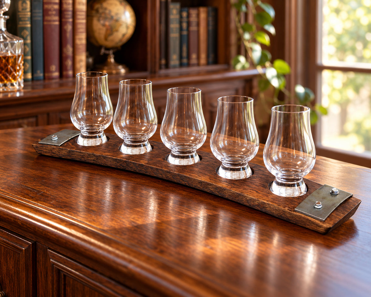Premium 5-Glass Whiskey Flight in library bar display.