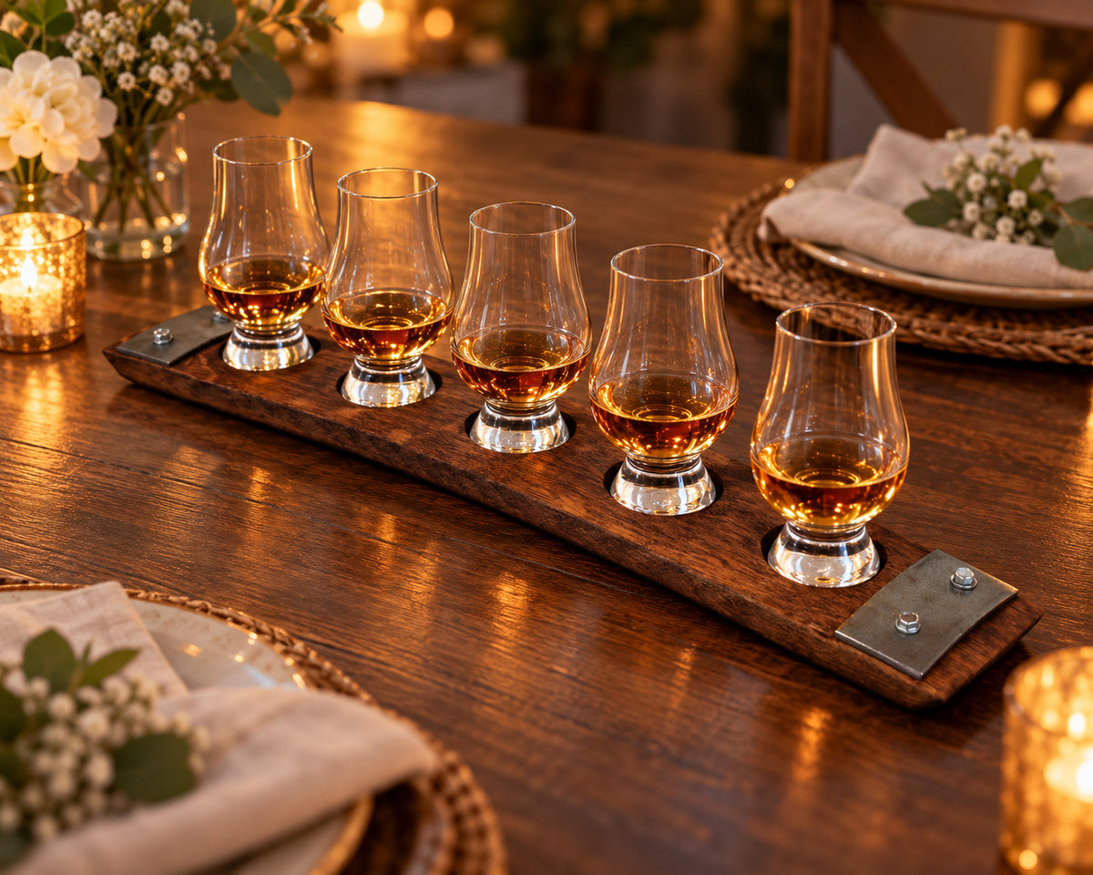 Premium 5-Glass Whiskey Flight in anniversary tasting evening.