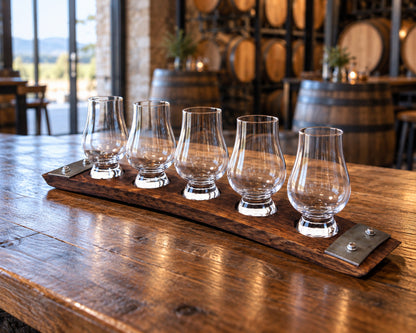 Premium 5-Glass Whiskey Flight in distillery sampling counter.