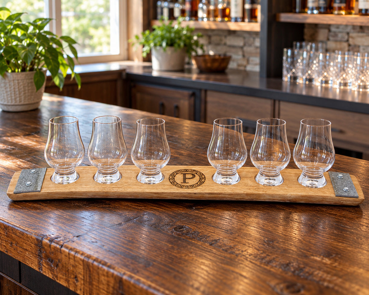 Premium Engraved 6-Glass Whiskey Flight – Reclaimed Barrel Stave Tasting Tray in home tasting counter.