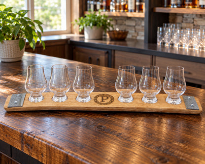 Premium Engraved 6-Glass Whiskey Flight – Reclaimed Barrel Stave Tasting Tray in home tasting counter.