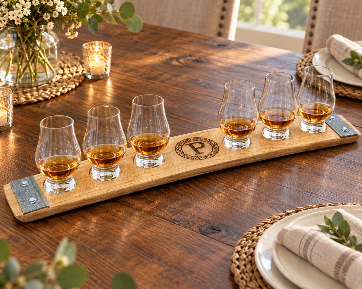 Premium Engraved 6-Glass Whiskey Flight – Reclaimed Barrel Stave Tasting Tray in milestone tasting party.