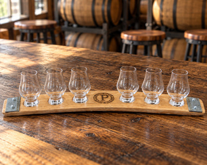 Premium Engraved 6-Glass Whiskey Flight – Reclaimed Barrel Stave Tasting Tray in distillery tasting setup.