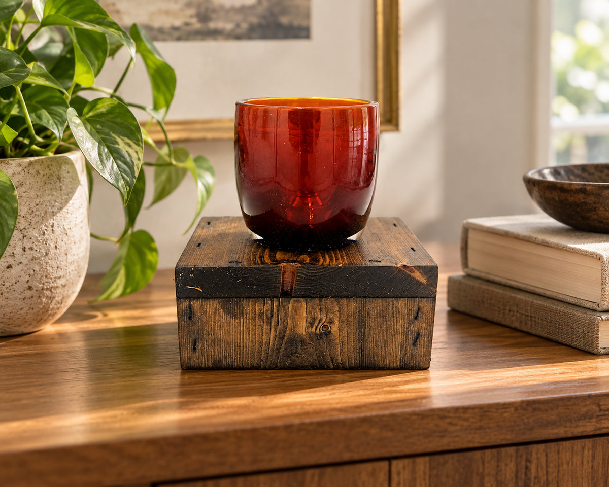 Single Glassybaby Candle Display Stand – Reclaimed Wood Pedestal in living-room display.