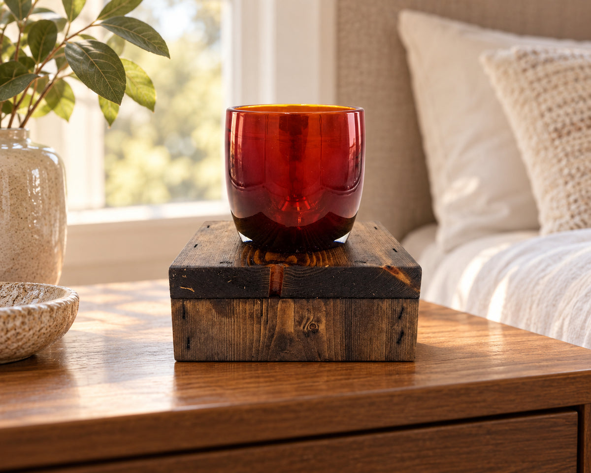 Single Glassybaby Candle Display Stand – Reclaimed Wood Pedestal in bedside display.
