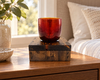 Single Glassybaby Candle Display Stand – Reclaimed Wood Pedestal in bedside display.