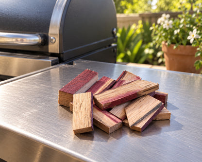 Red-wine-stained oak smoking chips on a grill side shelf on a patio.