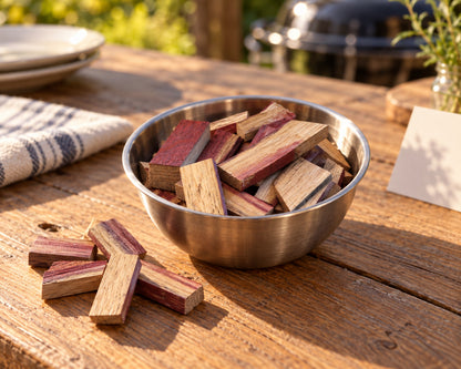 Red-wine oak chips in a metal preparation bowl beside an outdoor dining area.