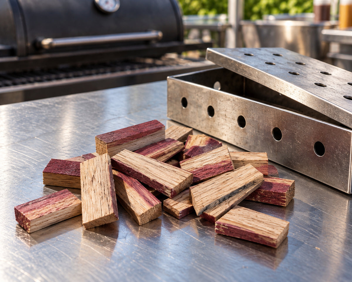 Red-wine oak chips on a stainless preparation surface beside an empty smoker box.