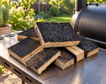 Charred oak smoking chunks on a metal preparation shelf beside a backyard smoker.