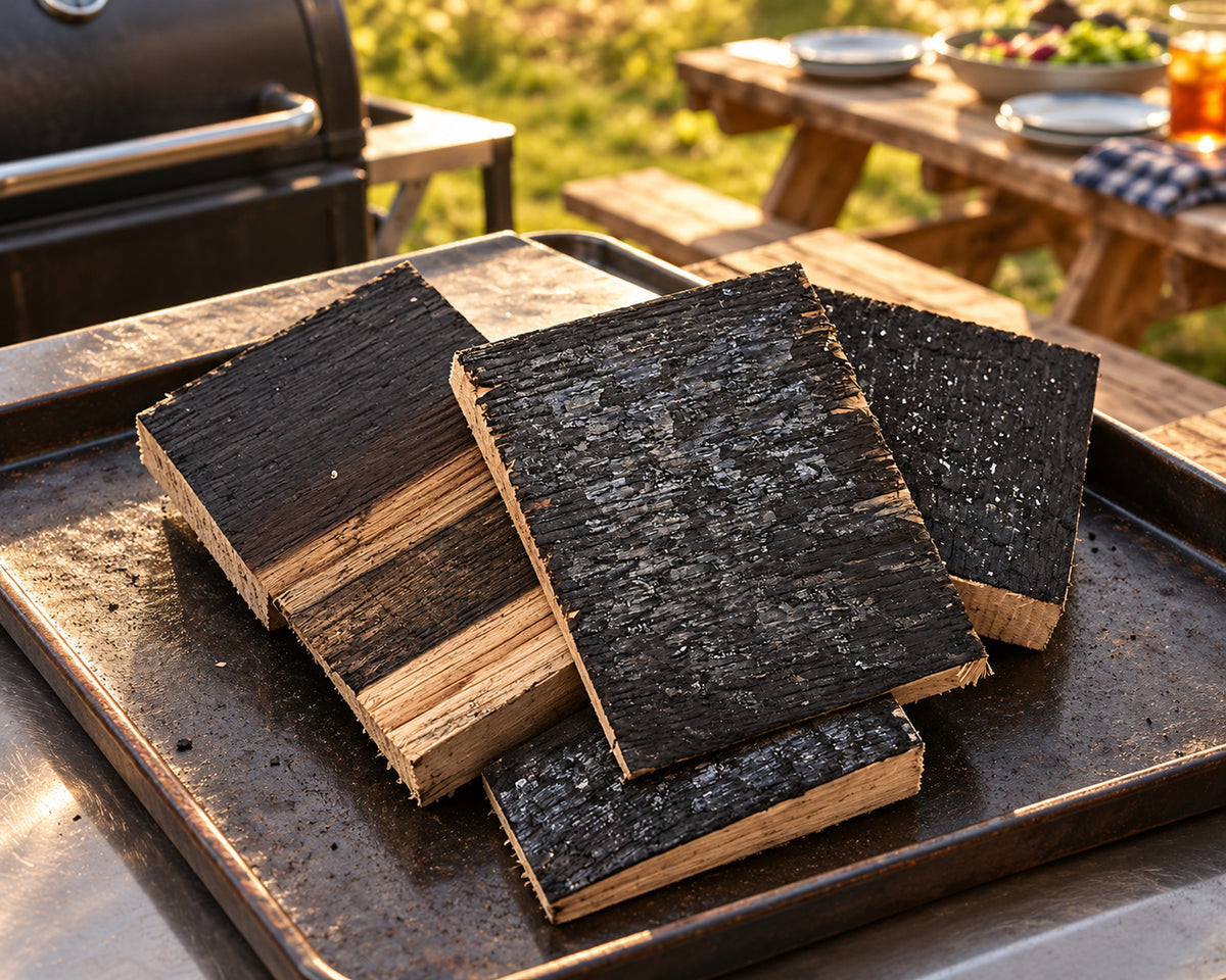 Oak barrel smoking chunks on a dark metal tray at an outdoor barbecue station.