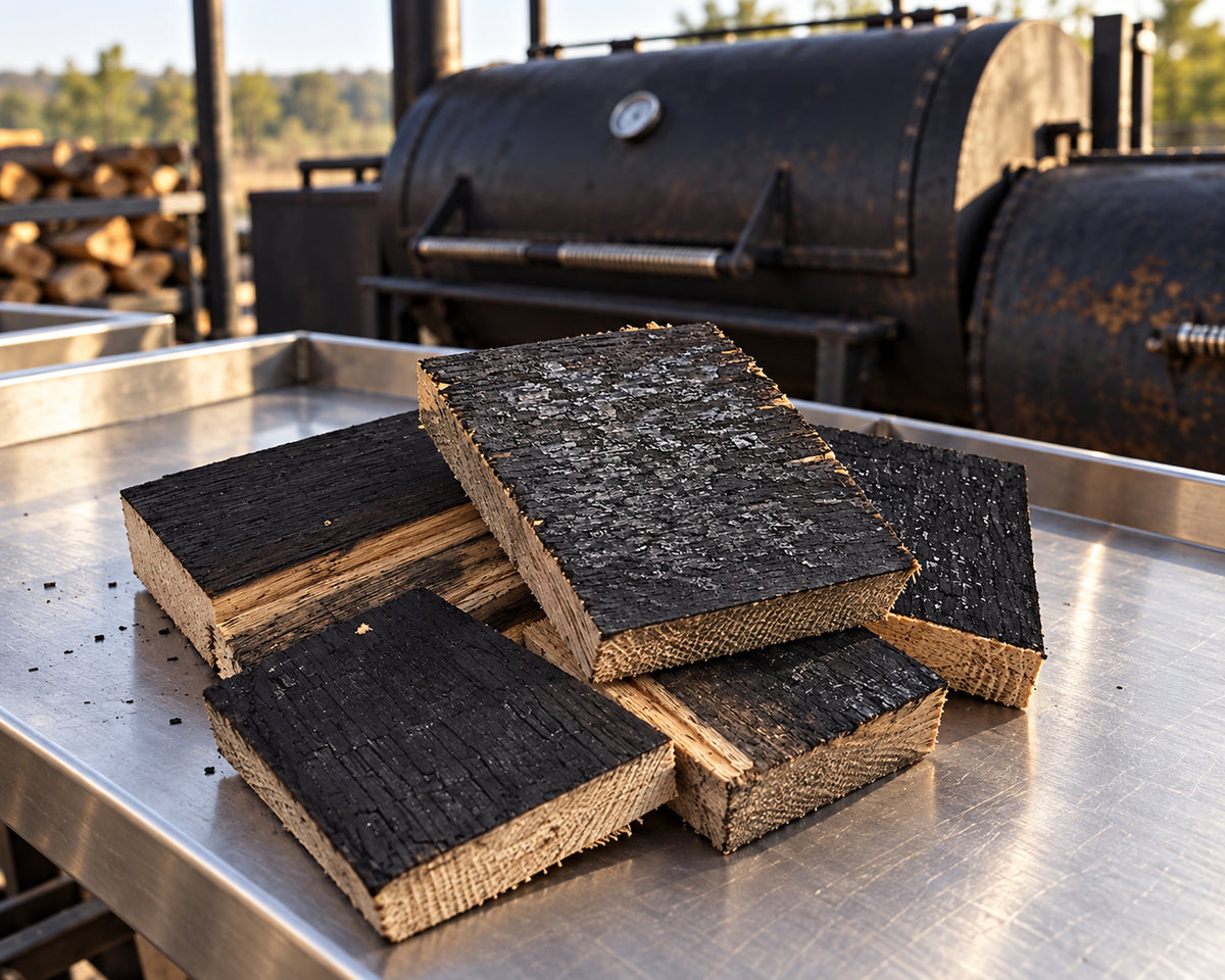 Charred oak barrel chunks on a stainless preparation cart near an offset smoker.