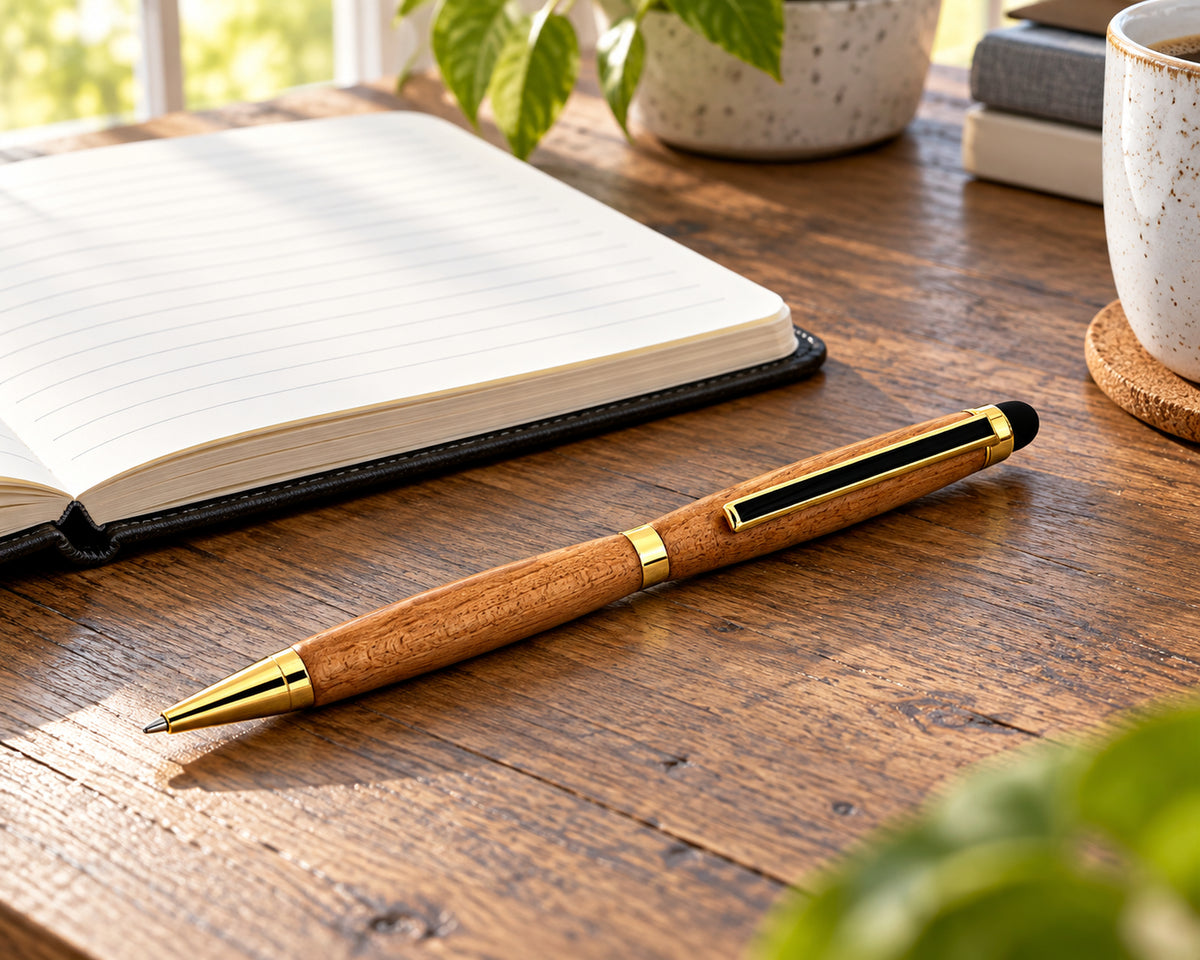 Whiskey barrel wood stylus pen beside an open notebook on a writing desk; notebook is a styling prop