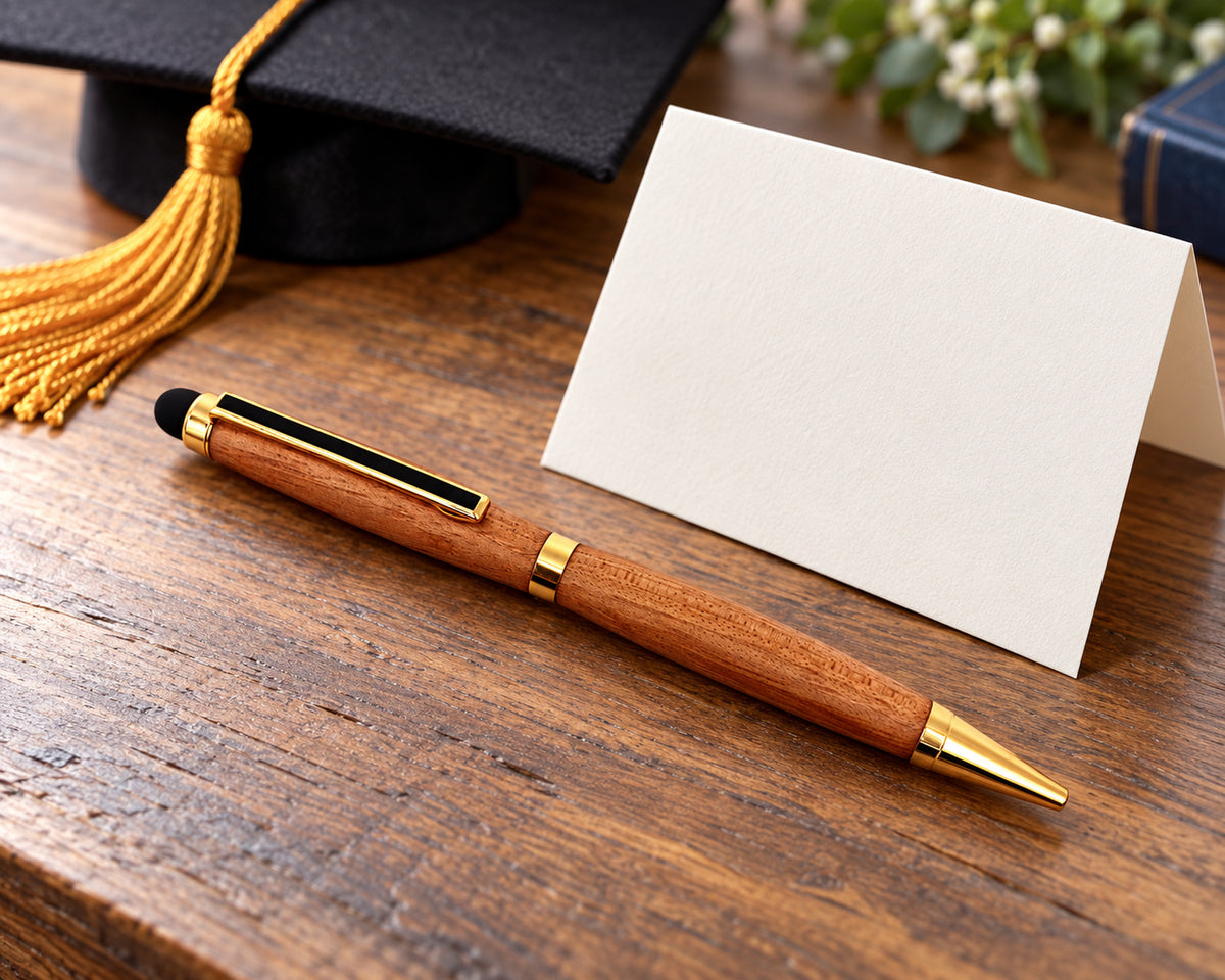 Whiskey barrel wood stylus pen in a graduation gift setting; card and cap are styling props
