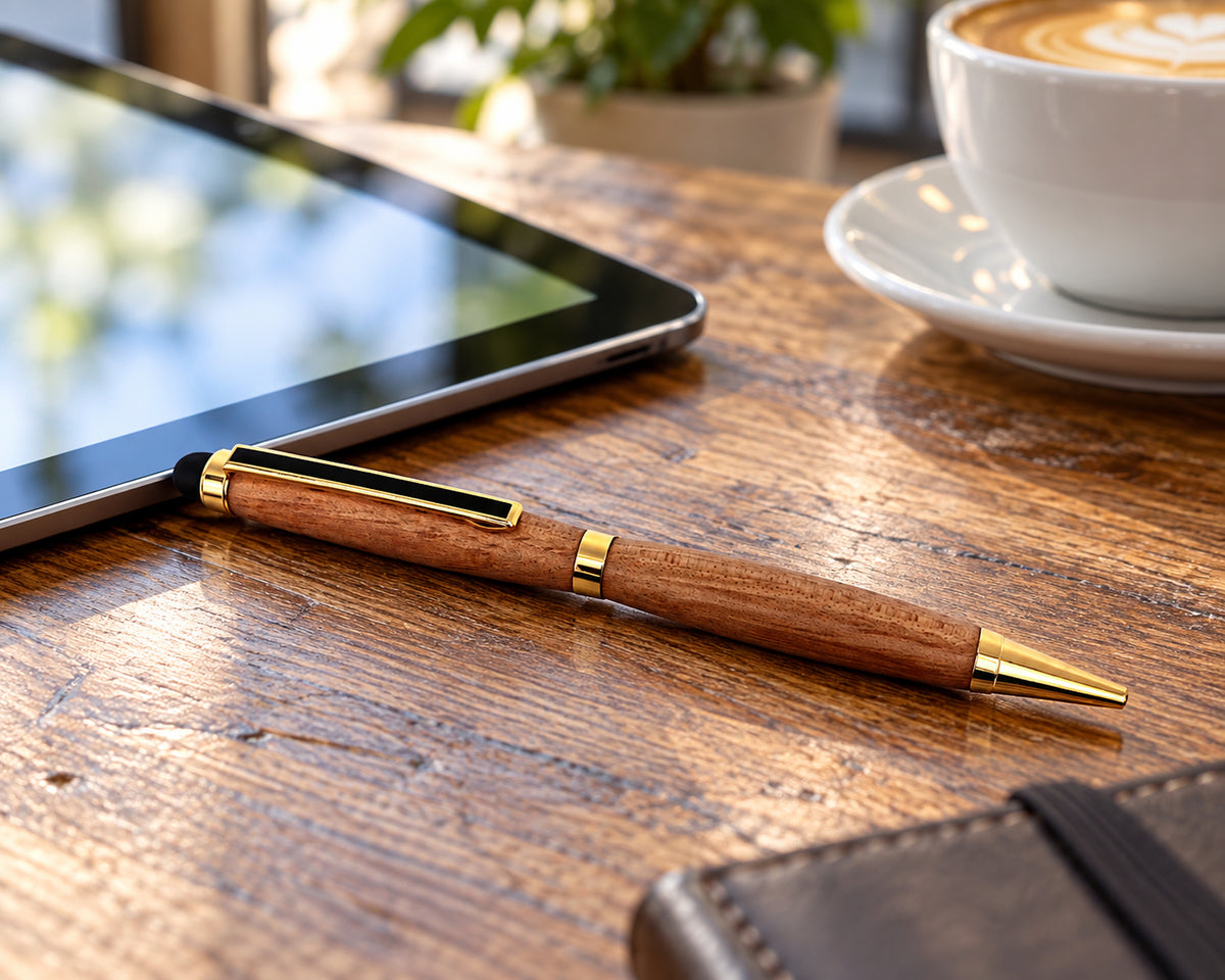 Whiskey barrel wood stylus pen beside a tablet in a cafe workspace; tablet and coffee are styling props