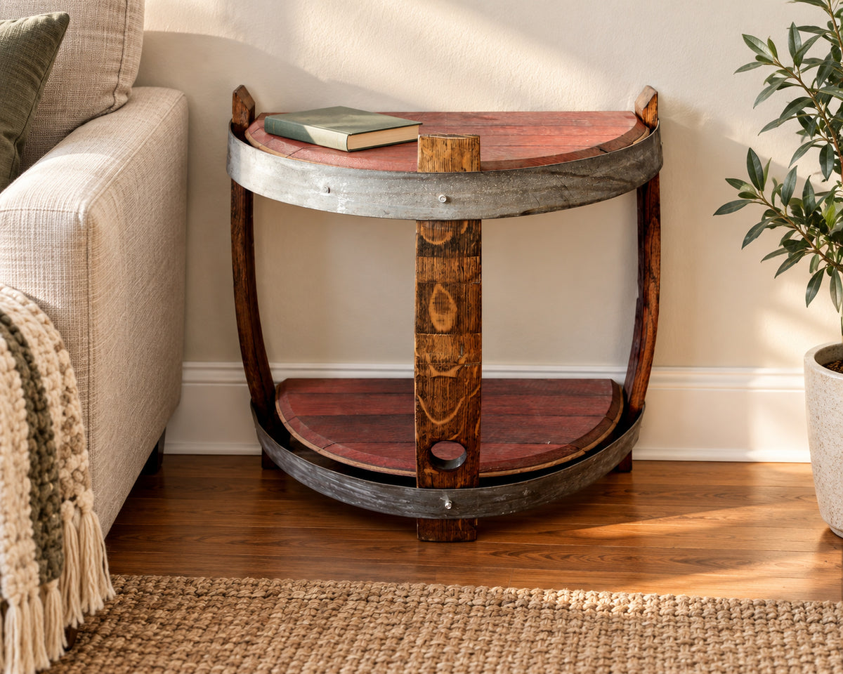 Wine Barrel Head Side Table – Reclaimed Red Wine Barrel Two-Tier Shelf in living-room side table.