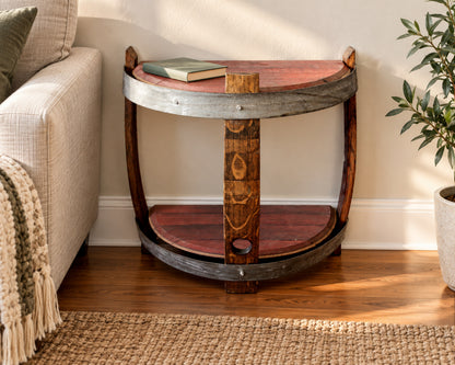 Wine Barrel Head Side Table – Reclaimed Red Wine Barrel Two-Tier Shelf in living-room side table.