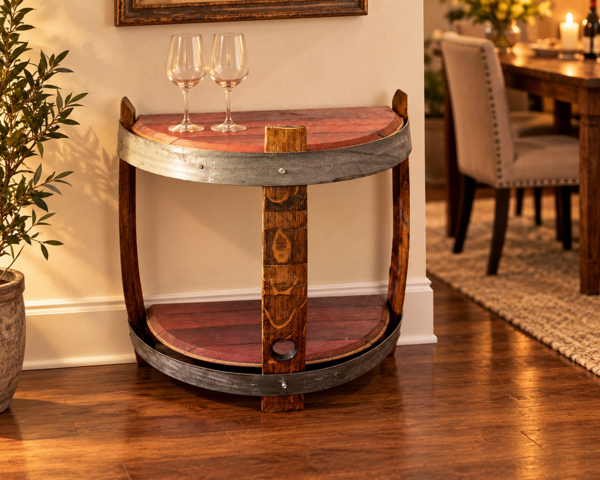 Wine Barrel Head Side Table – Reclaimed Red Wine Barrel Two-Tier Shelf in wine-evening accent.