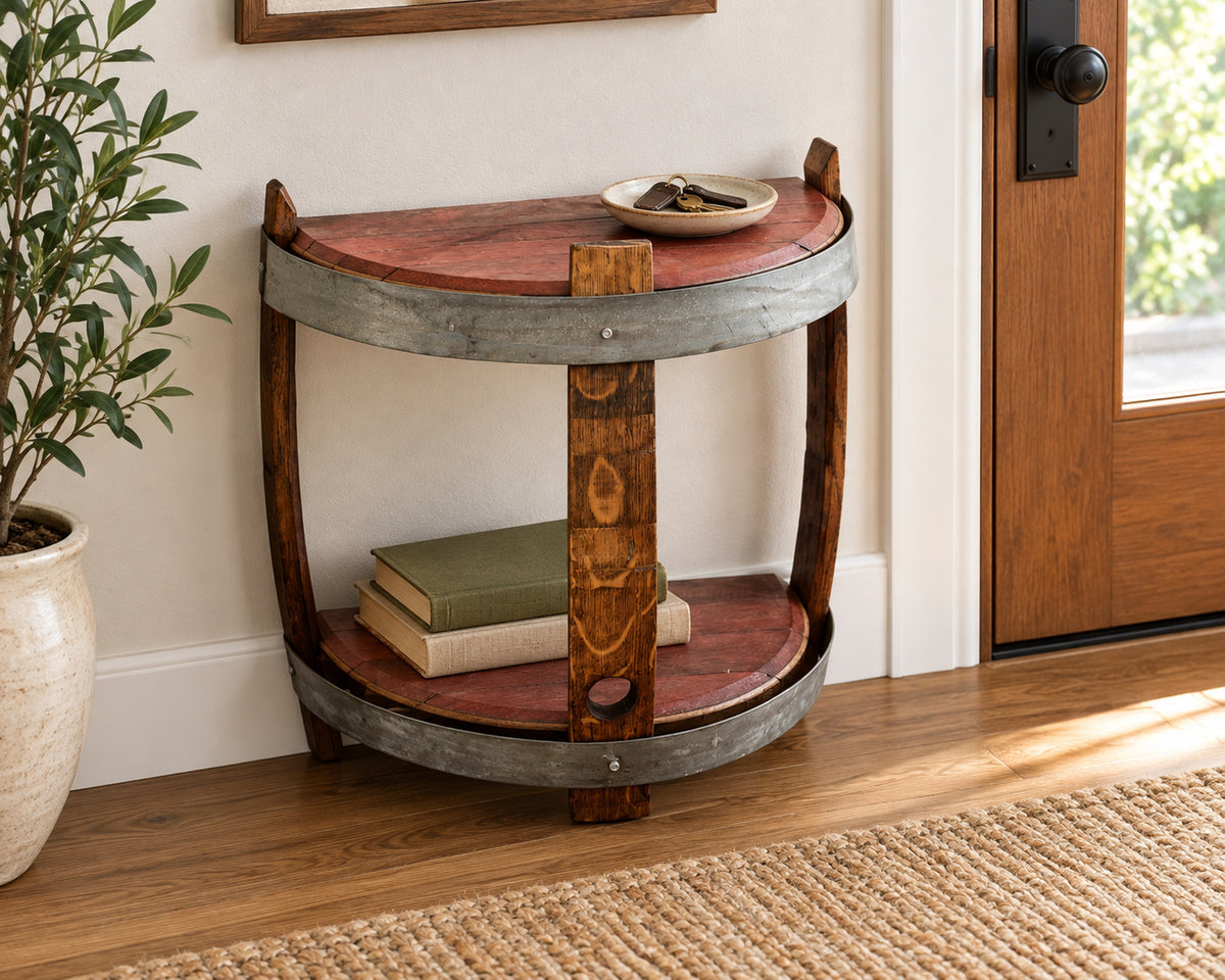 Wine Barrel Head Side Table – Reclaimed Red Wine Barrel Two-Tier Shelf in entryway table.