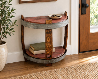 Wine Barrel Head Side Table – Reclaimed Red Wine Barrel Two-Tier Shelf in entryway table.
