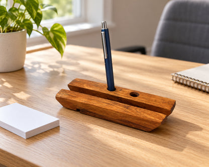 Wine barrel wood card and pen holder on a home-office desk with one pen and loose cards used as styling props
