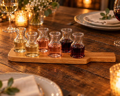 Six mini wine carafes on the oak flight board at an anniversary dinner table.