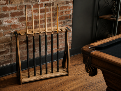 BA-107 eight-cue floor rack styled in a rustic brick-wall billiards room; pool cues shown are not included.
