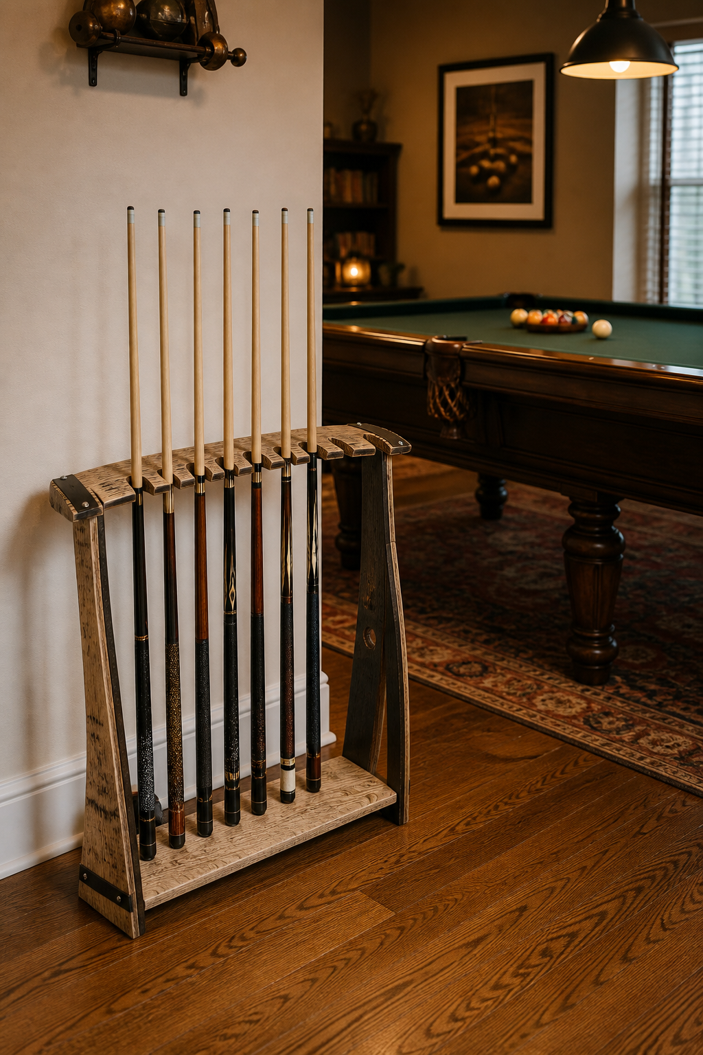 BA-107 reclaimed bourbon barrel stave pool cue rack in a warm game room; pool cues shown are not included.
