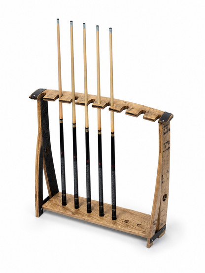 Angled catalog view of the BA-107 freestanding eight-cue bourbon barrel stave rack; pool cues not included.