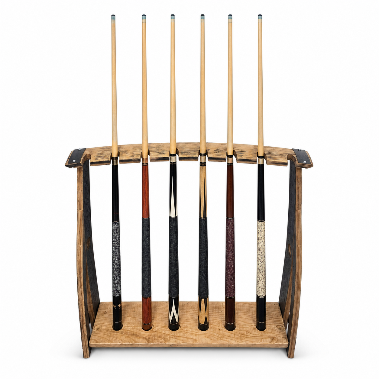 BA-107 eight-cue reclaimed bourbon barrel stave floor rack on a white background; pool cues not included.