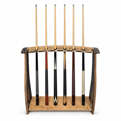 BA-107 eight-cue reclaimed bourbon barrel stave floor rack on a white background; pool cues not included.