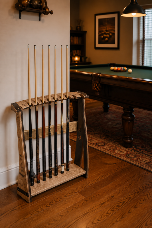 BA-107 reclaimed barrel stave pool cue rack with new rear support brace in a warm game room; pool cues not included.