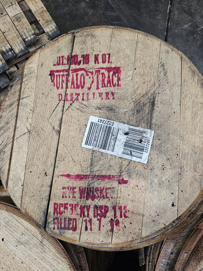 Authentic Buffalo Trace bourbon barrel head with red distillery stamp; raw and unfinished.