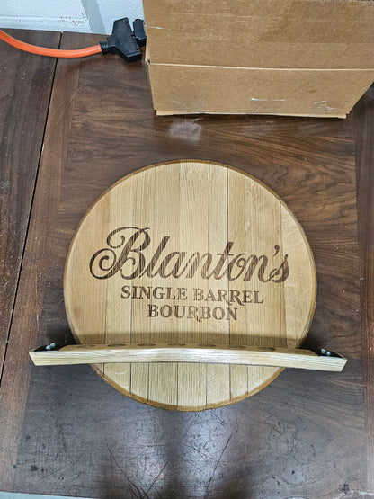 Close view of the empty reclaimed oak stave holder with eight routed openings.