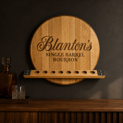 Blanton's barrel head stopper display styled in a dark home bar; stoppers and surrounding props are not included.