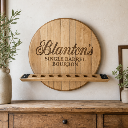 Blanton's barrel head stopper display styled in a light bourbon room; stoppers and surrounding props are not included.