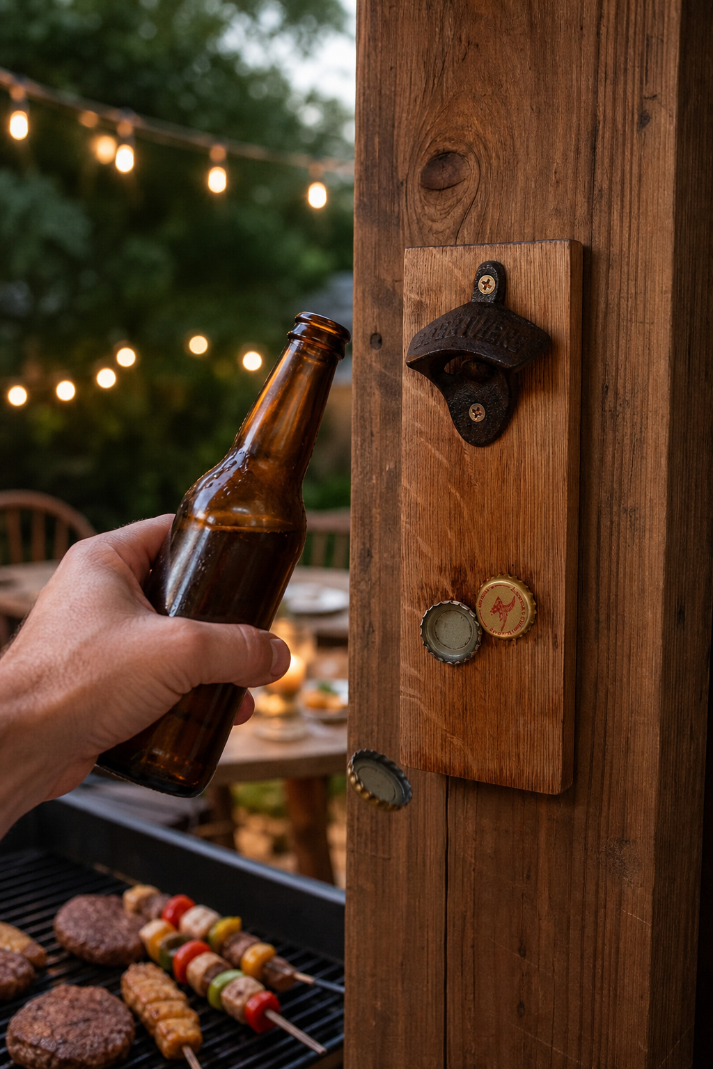 Rustic barrel wood wall-mounted bottle opener with magnetic cap catcher installed by an outdoor barbecue and patio bar