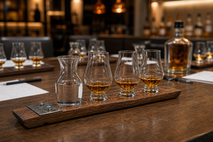 Reclaimed barrel stave whiskey tasting flight with water carafe beside the handle and three Glencairn glasses at a bourbon club tasting table