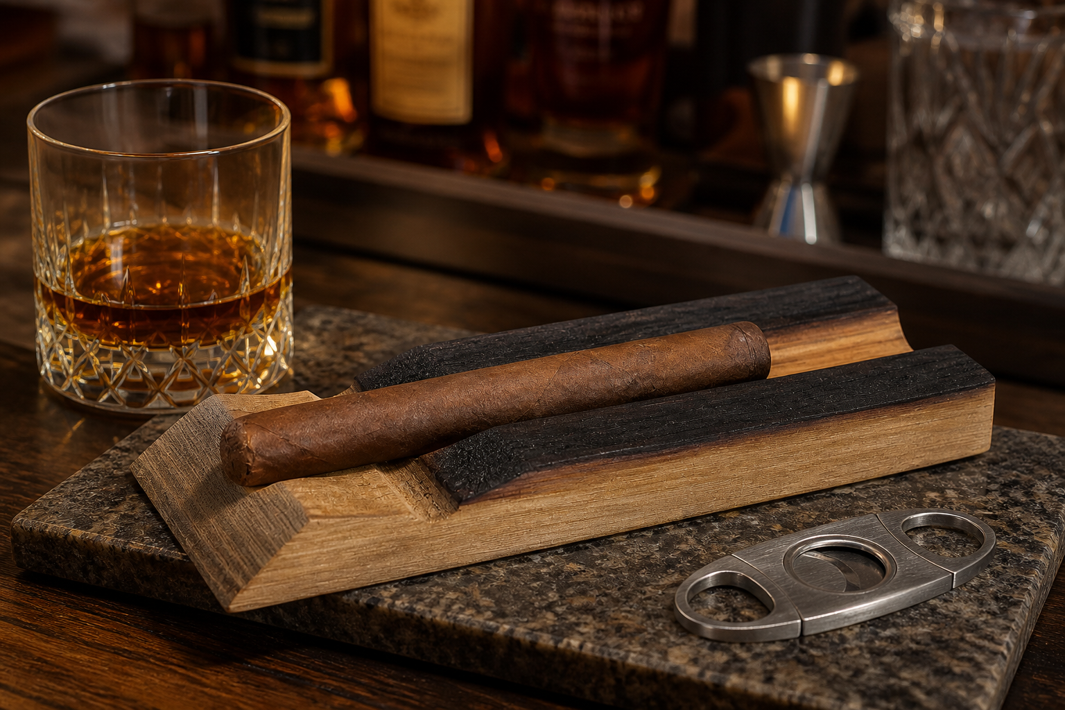 Handmade reclaimed bourbon barrel stave cigar holder with cigar on a home bar counter beside whiskey and a cigar cutter